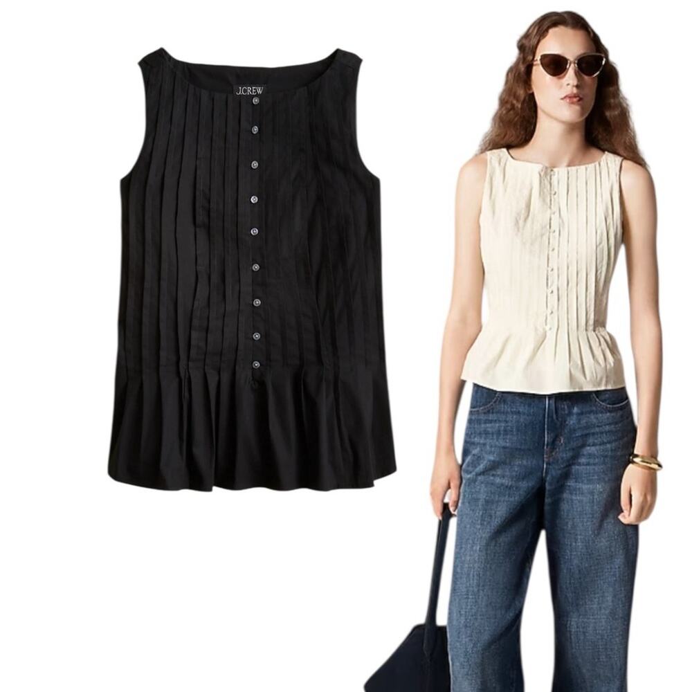 J.CREW Pintuck Button down Blouse Premium weight Cotton Poplin Black 12 NWT Prep